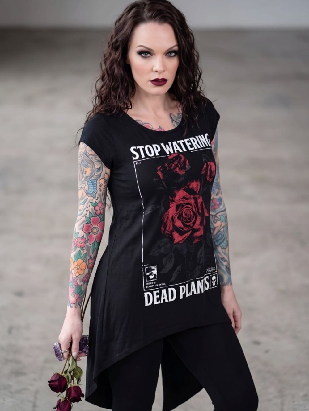 Killstar Dead Rose Stop Watering Dead Plants Slit Back Split Hem Tunic Top XS